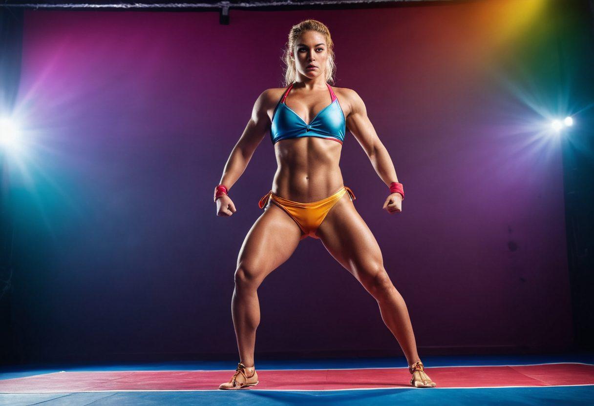 A powerful female wrestler in dynamic athletic wear, showcasing strength and determination, contrasting with an array of colorful bikinis displayed in the background. The scene captures a transformative journey from traditional swimwear to empowering wrestling gear. The wrestler stands confidently on a wrestling mat, with dramatic lighting highlighting her intense expression. Style: super-realistic, vibrant colors, and high contrast.