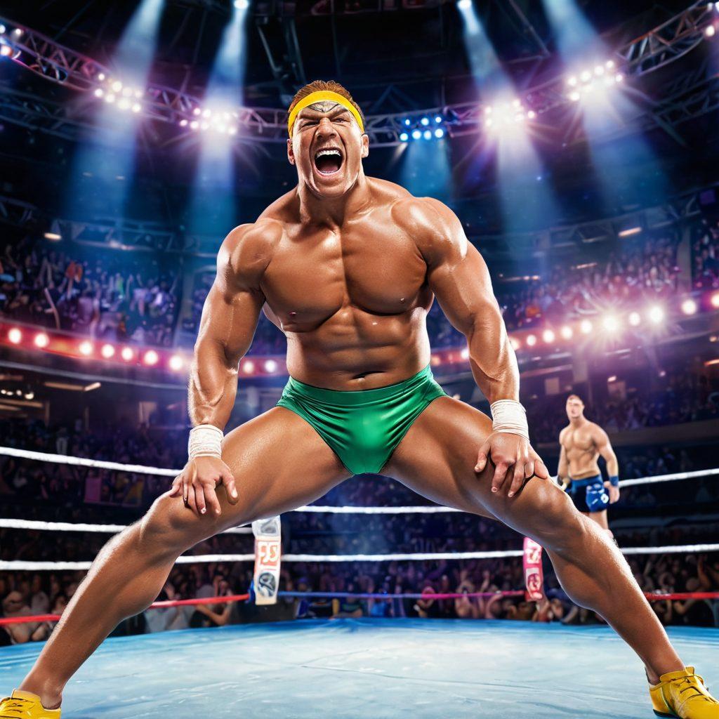 A dynamic scene showcasing a professional wrestler in an eye-catching, vibrant bathing suit striking a powerful pose in the center of a wrestling ring. Include cheering fans in the background, colorful banners, and a spotlight illuminating the wrestler. The image should capture the energy and culture of wrestling while highlighting the importance of bathing suits in the sport. super-realistic. vibrant colors. dramatic lighting.
